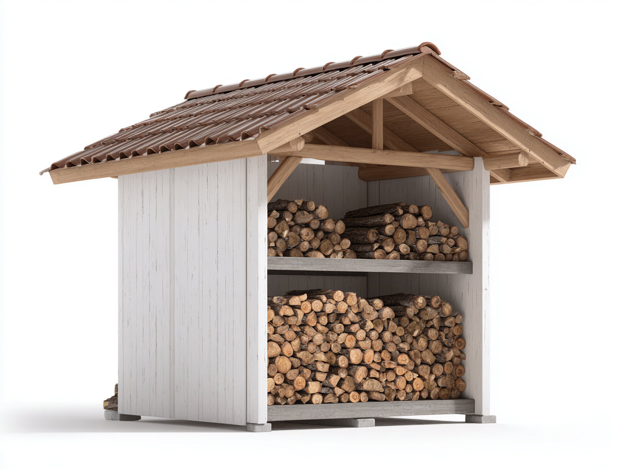 Abri à bûches-Bois-Tuiles-210x86x196 cm-Blanc-Marron-Style rustique