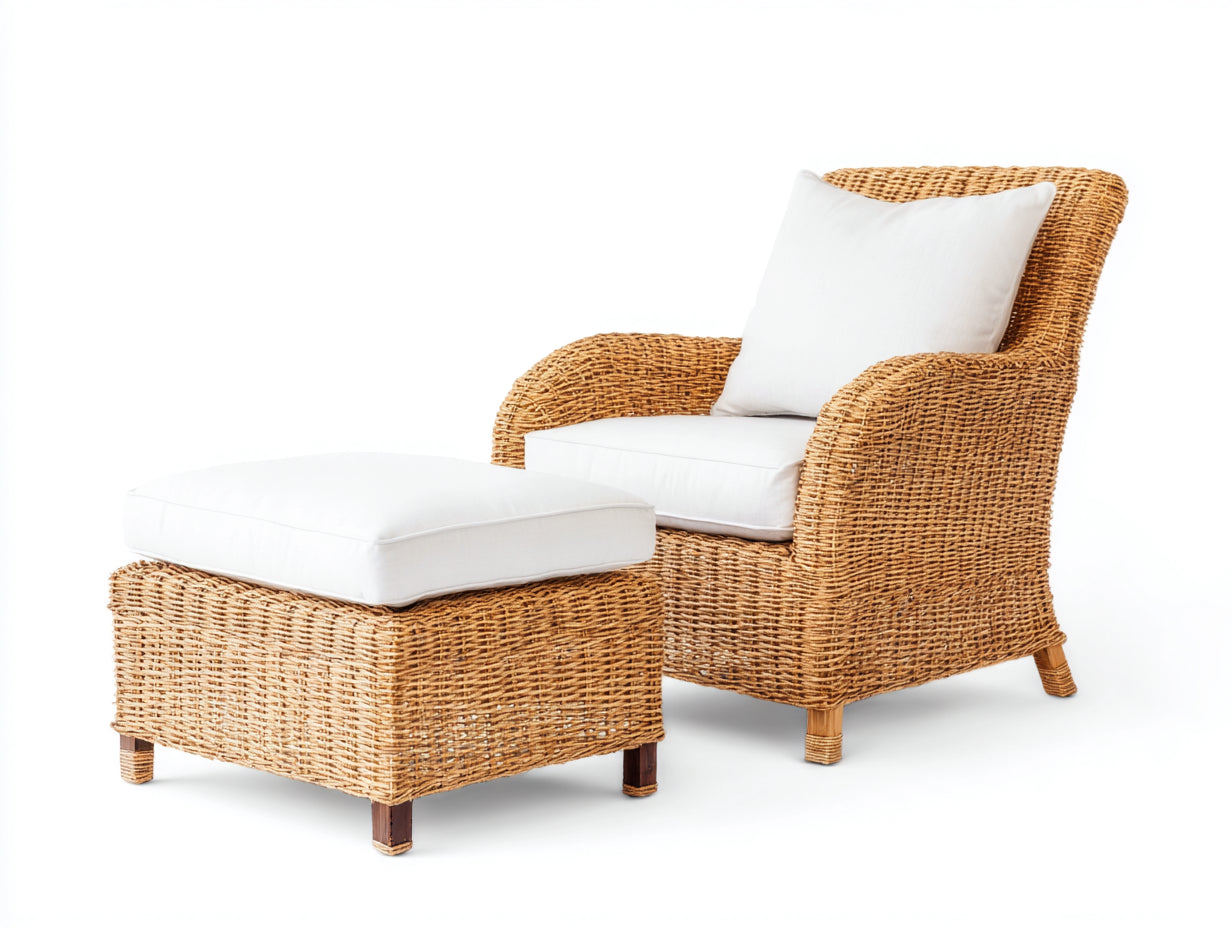 Fauteuil en rotin-Rotin-Tissu-118 x 82 x 92 cm-Blanc-Marron-Style naturel