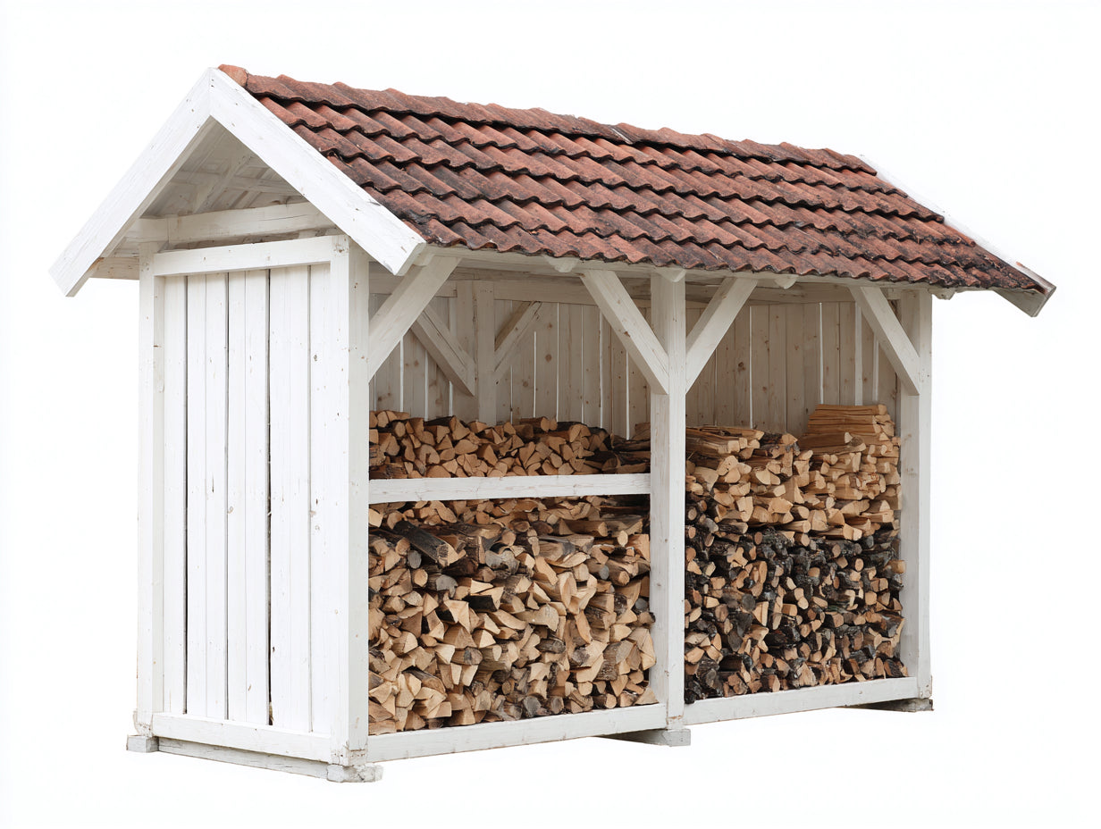 Abri à bûches-Bois-Tuiles-260x92x190 cm-Blanc-Marron-Style rustique