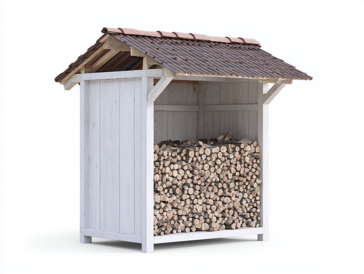 Abri à bûches-Bois-Tuiles-185x82x186 cm-Blanc-Marron-Style rustique