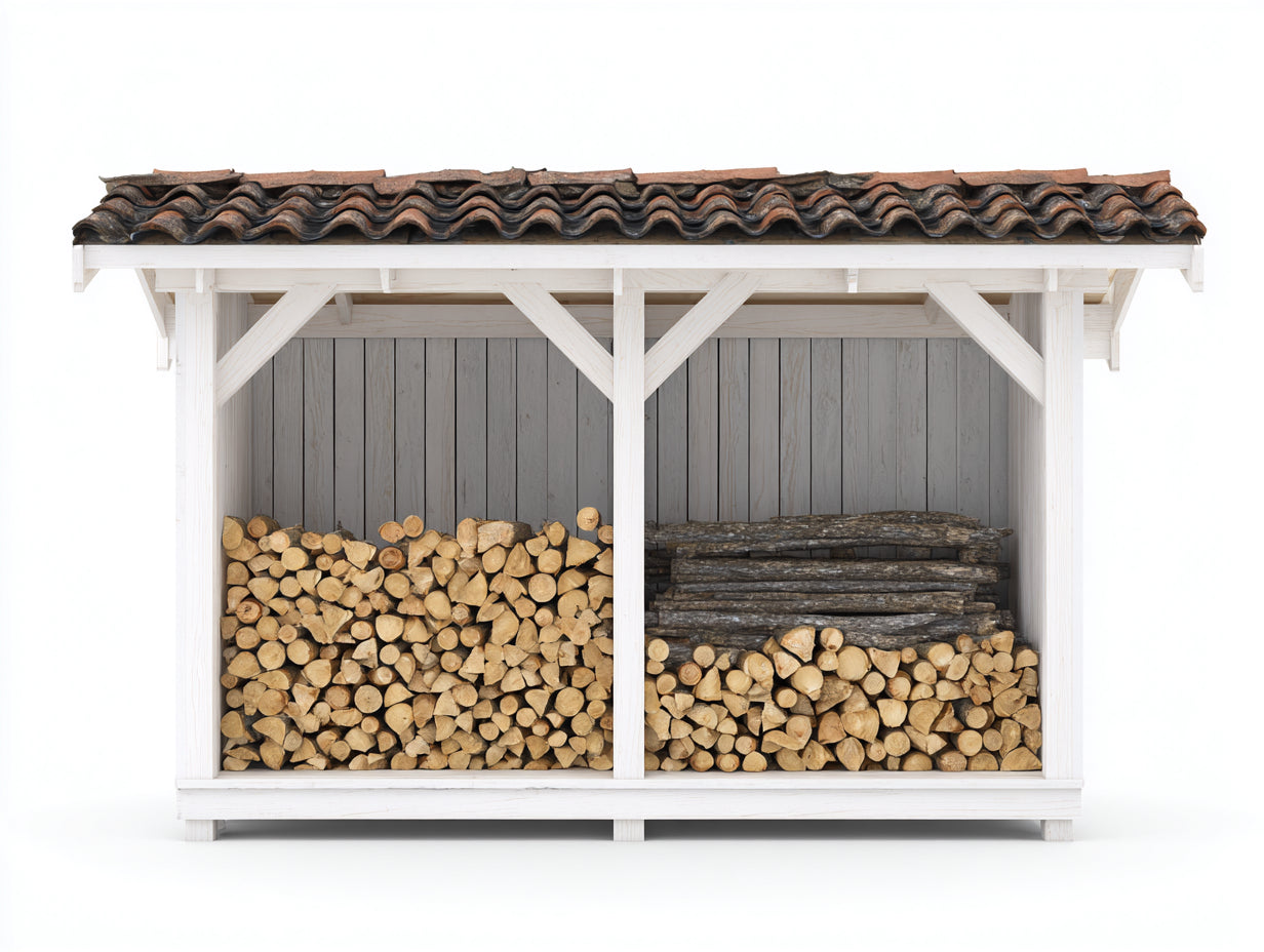 Abri à bûches-Bois-Tuiles-250x86x178 cm-Blanc-Marron-Style rustique