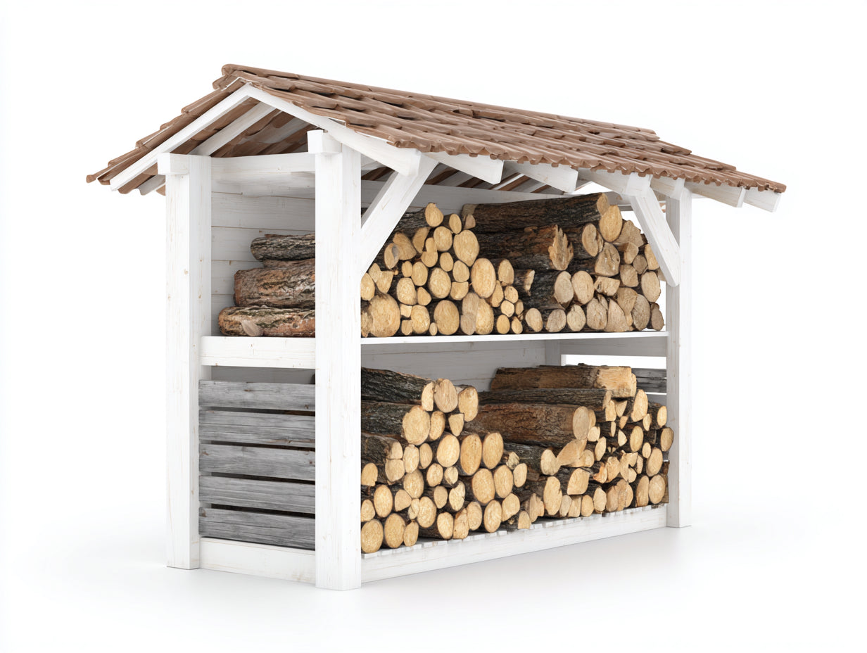 Abri à bûches-Bois-Tuiles-230x88x188 cm-Blanc-Marron-Style rustique