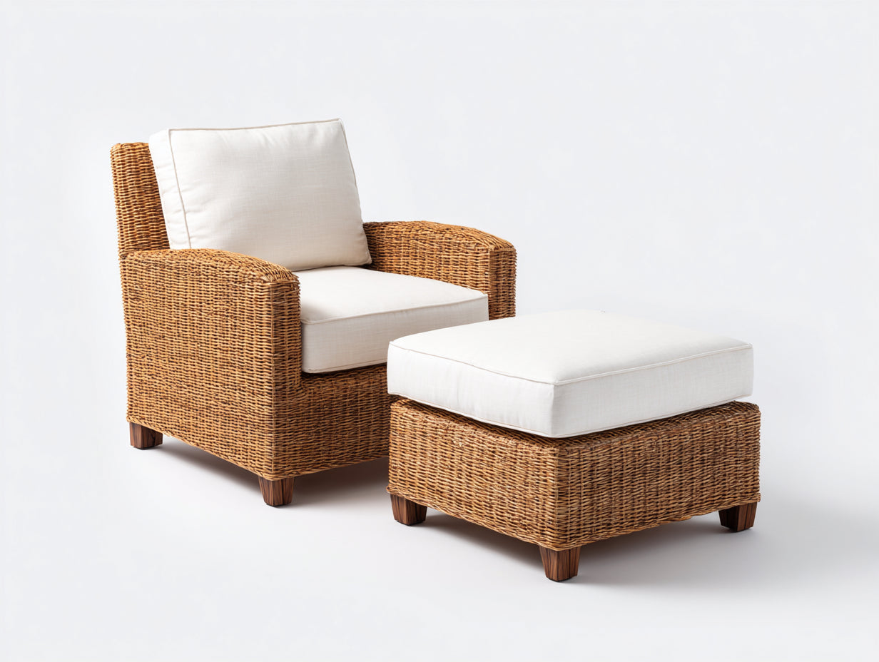 Fauteuil en rotin-Rotin-Tissu-115 x 84 x 88 cm-Blanc-Marron-Style naturel