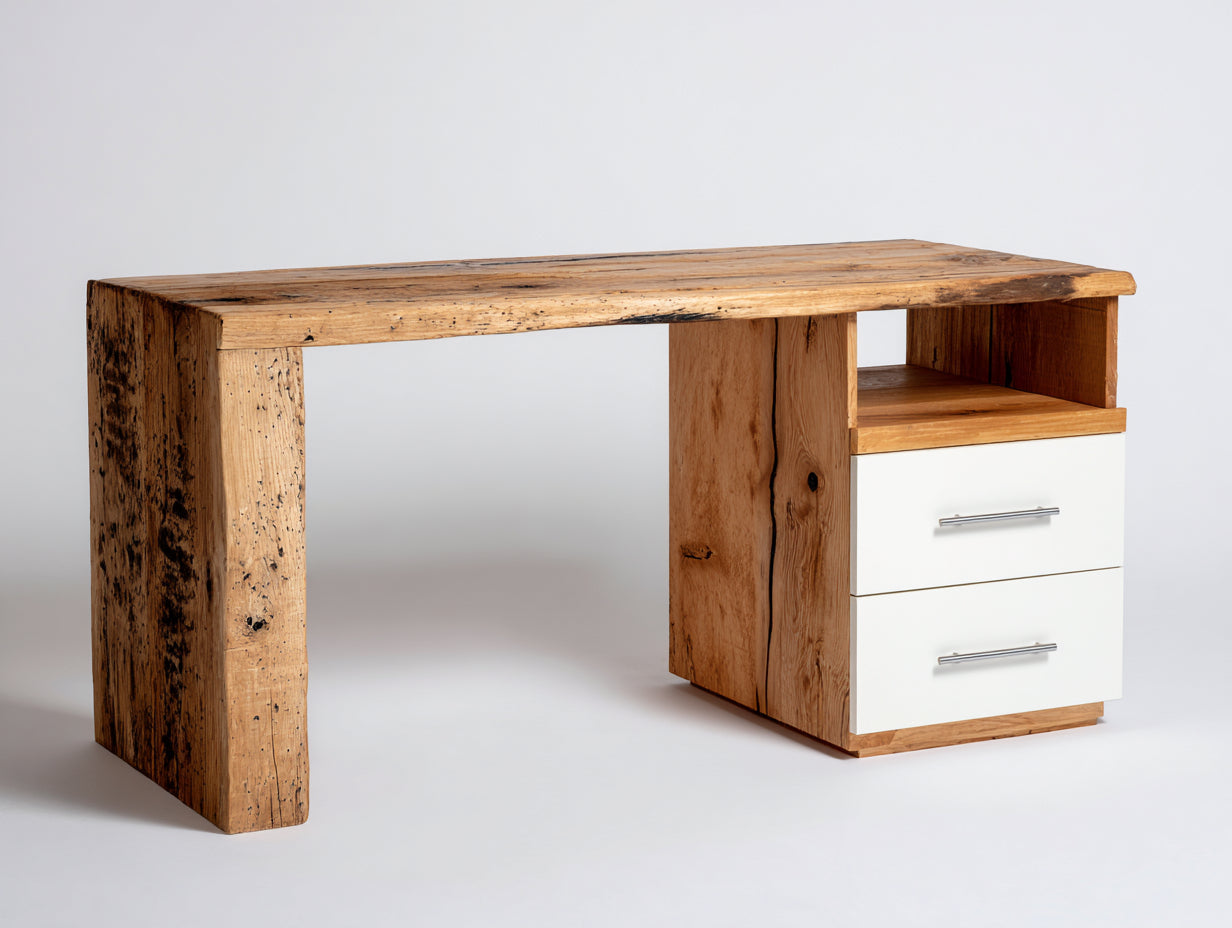 Bureau - bois massif - 150x60x76 cm - blanc-naturel - style rustique