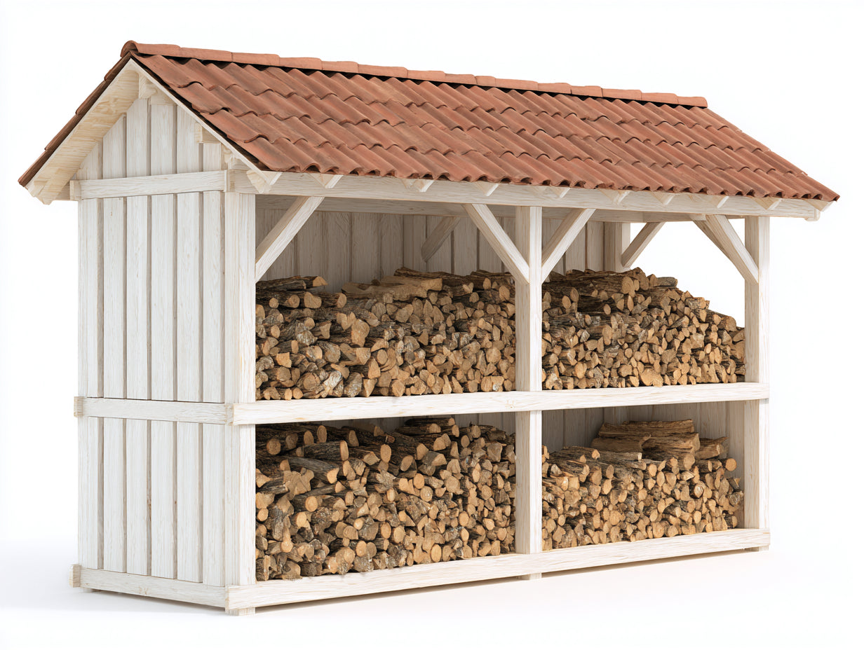 Abri à bûches-Bois-Tuiles-285x96x202 cm-Blanc-Marron-Style rustique